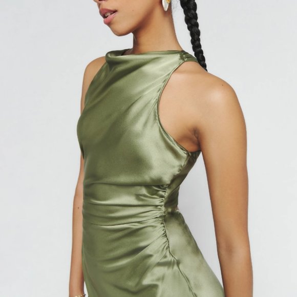 Reformation Casette Silk Dress, Artichoke 8, Occasion Wedding - Picture 4 of 9